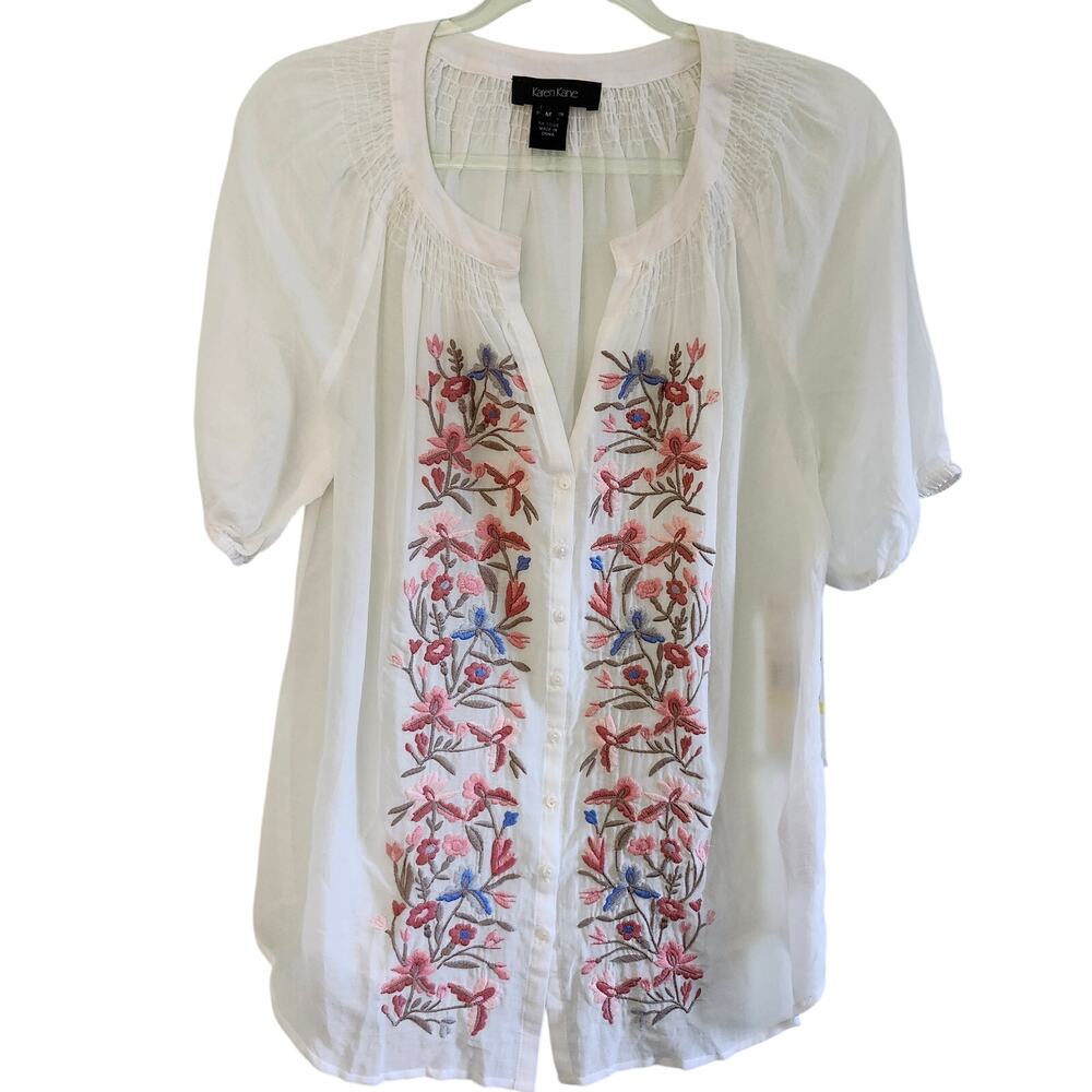 Karen Kane Sheer White Smocked Top with Floral Embroidery Size Medium